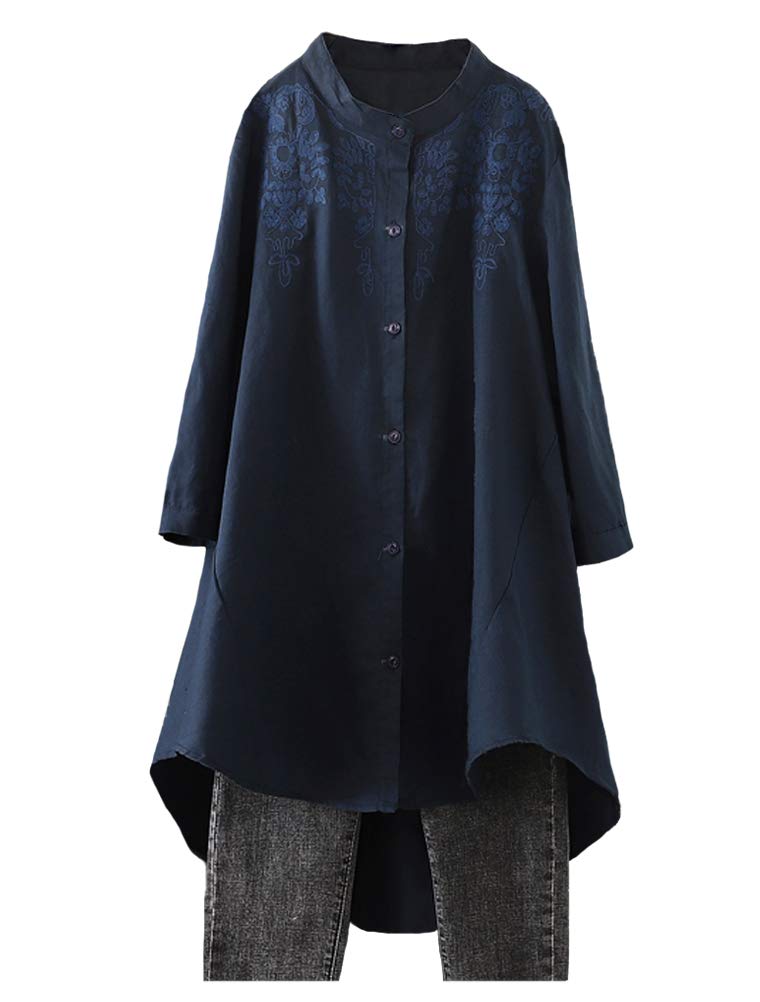 Minibee Women's Cotton Linen Shirt High Low Button Down Embroidered Blouse Long Sleeve Tunic Tops - Image 1